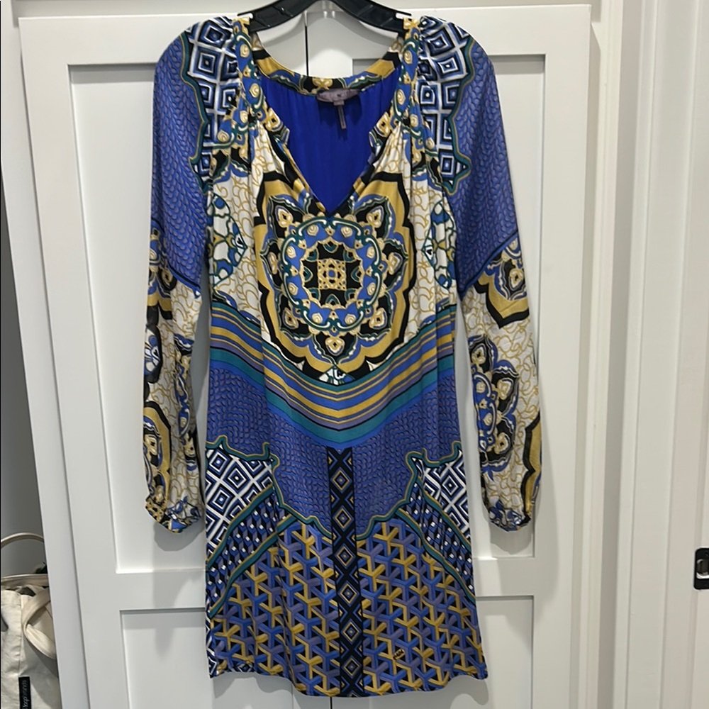 Hale Bob blue and gold silk dress size